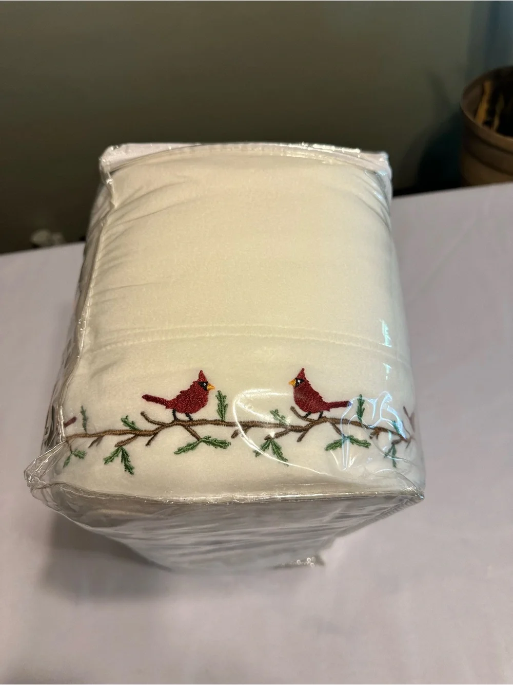 Berkshire Embroidered Polarfleece Sheet Set in White with Red Cardinal